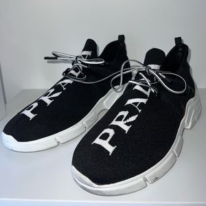 Authentic Prada Black Logo Knit Fabric Low-Top Sneakers Size 40